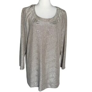 ANN TAYLOR Women's XL‎ Long Sleeve Metallic Champagne Textured Tunic Top Blouse